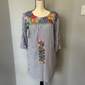 Women’s Multicolor Embroidered Striped Shift Dress